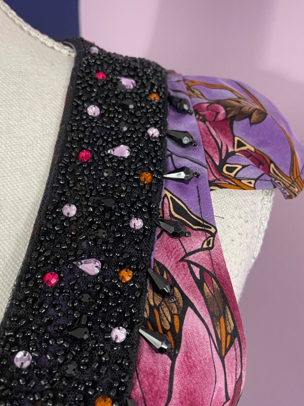 Tracy Reese 100% Silk Dress 6 Y2K Rhinestone Jeweled Floral Empire Waist Purple - Picture 7 of 14